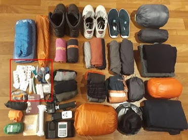 Medical supplies for a backpacker