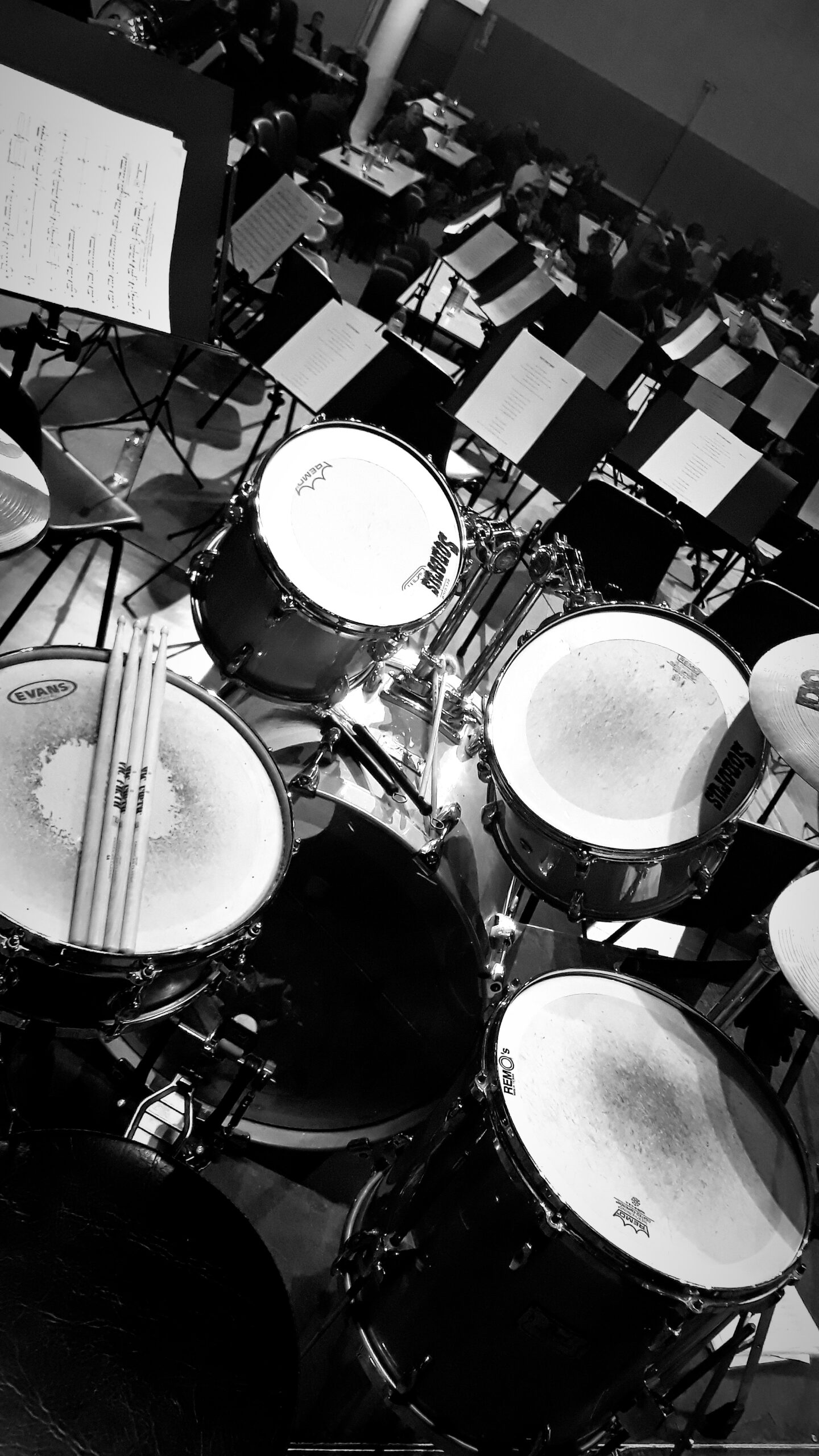 View of a drumkit at a rehearsal 