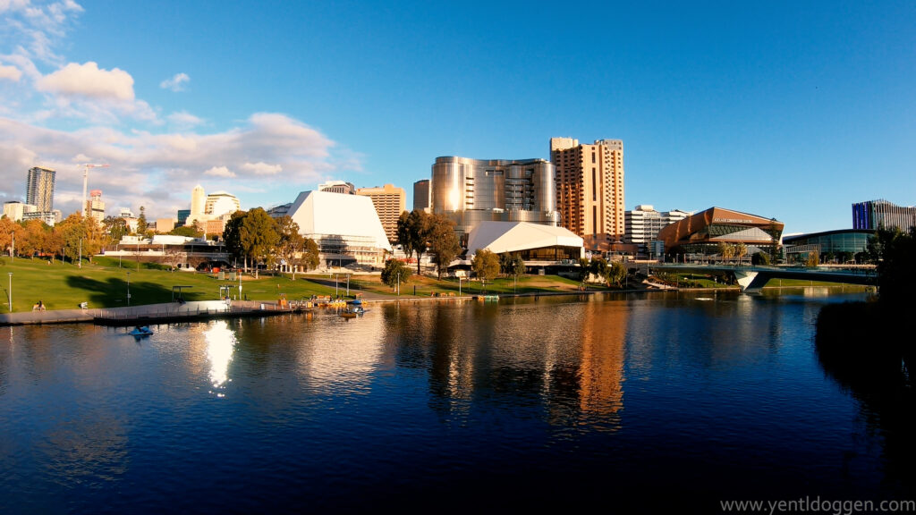 View over the skyline of Adelaide, including the river, sunny day, South Australia