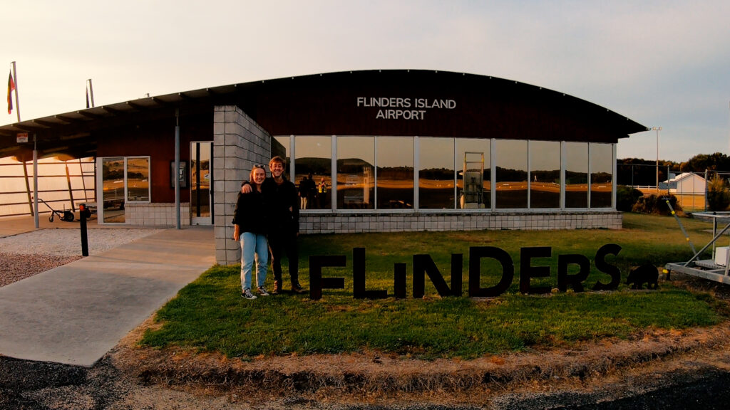 Yentl Doggen and Avalon Stones in front of Flinders Island Airport