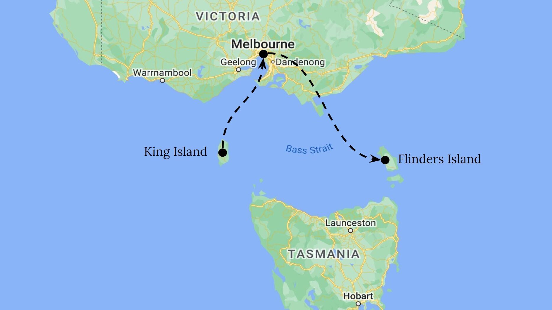 Map of our itinerary: King Island - Melbourne - Flinders Island