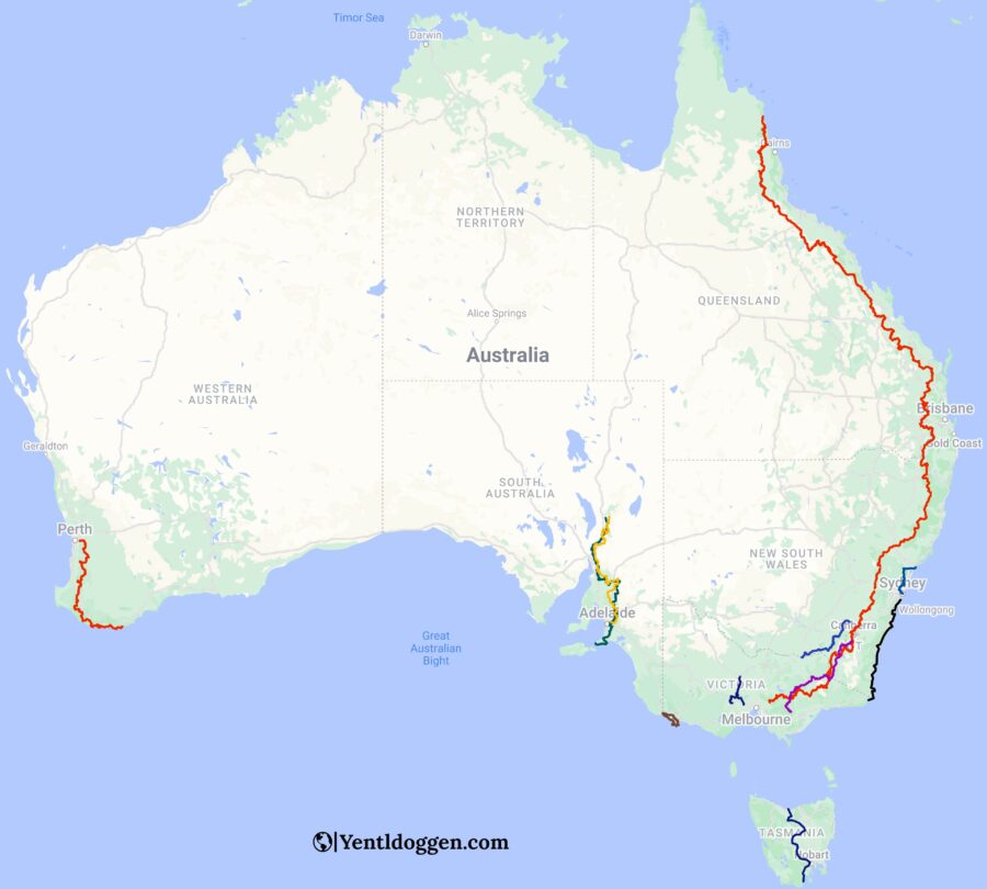 A map of Australia's longest hiking trails.