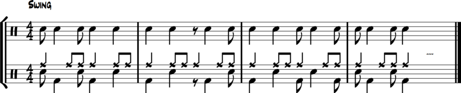 Written rhythm trades: bass→snare→bass→snare. Organic call/response phrasing.