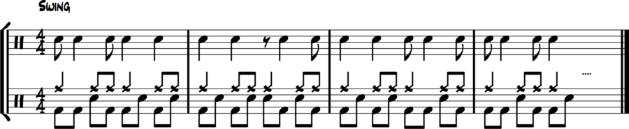 Bass plays syncopation, snare fills every empty eighth. Walking texture under ride.