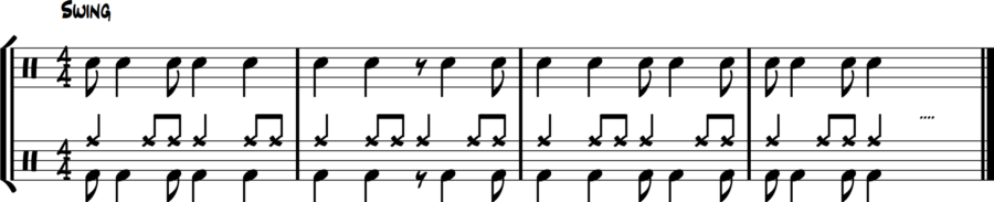 Bass drum carries complete written rhythm under ride quarters. Essential feathering coordination.