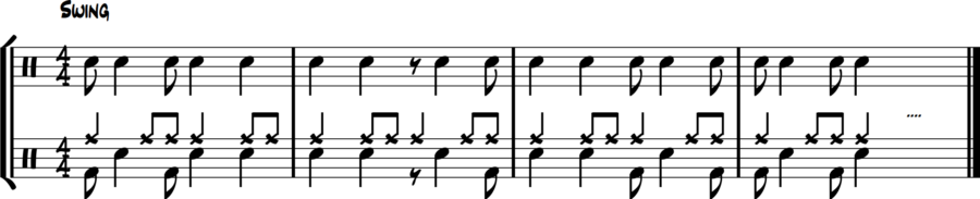 Quarters crack on snare, eighths feather on bass. Reversed voicing texture.