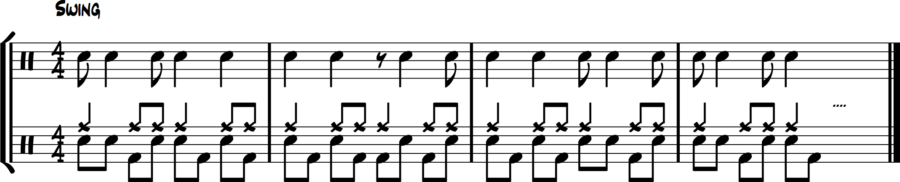 Snare carries melody, bass fills eighth gaps. Voice leading inversion.