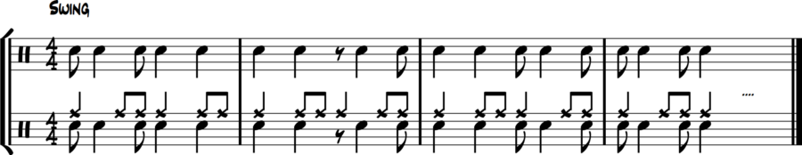 Full syncopation line played entirely on snare behind steady jazz ride. Classic Philly Joe comping phrasing.