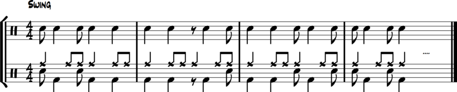 Eighths attack on snare, quarters displace on bass drum. Natural jazz phrasing contrast.