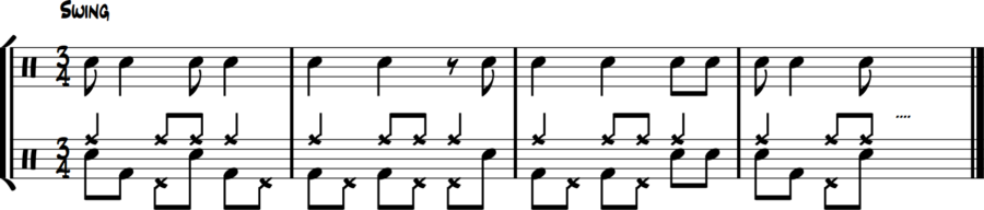 Four-limb 3/4 jazz - hi-hat eighths, snare short, bass long notes
