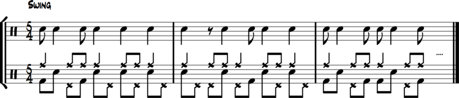 5/4 textural reverse: hi-hat 8ths, bass short notes, snare long notes
