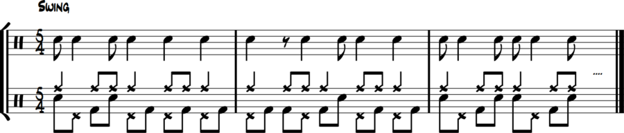 5/4 bass drum eighths fill, snare short notes, hi-hat long notes