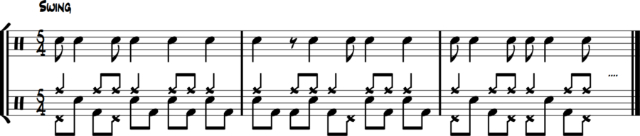 5/4 reverse: bass 8ths fill, hi-hat short, snare long notes