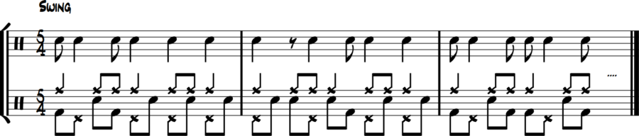 5/4 snare drum eighths fill, bass short notes, hi-hat long values