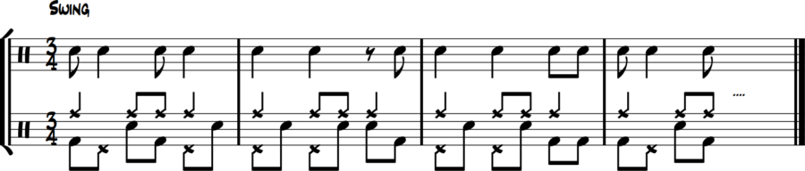 Snare eighth fills behind bass short, hi-hat long notes in 3/4 jazz