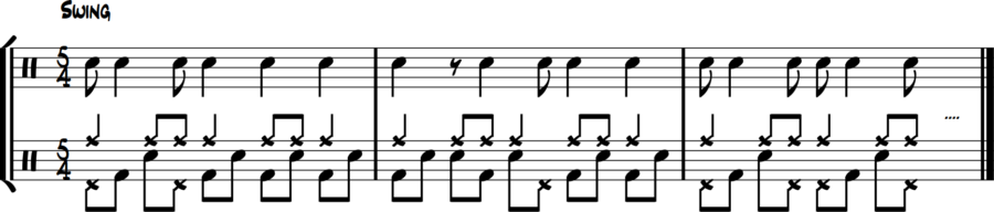 5/4 snare eighths fill, hi-hat short notes, bass long notes