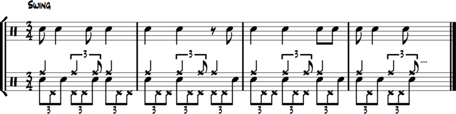 Snare syncopation melody with hi-hat triplet fills in 3/4 waltz