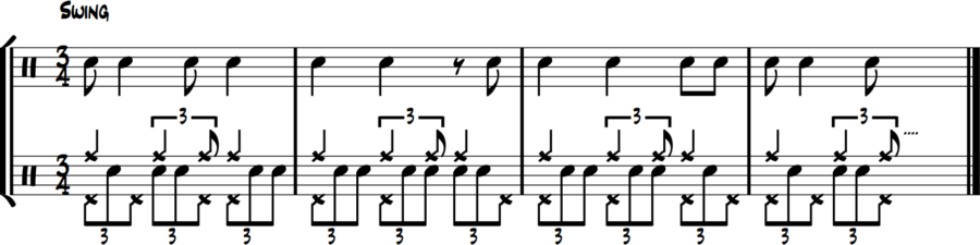 Hi-hat plays melody, snare fills triplet spaces in 3/4 jazz