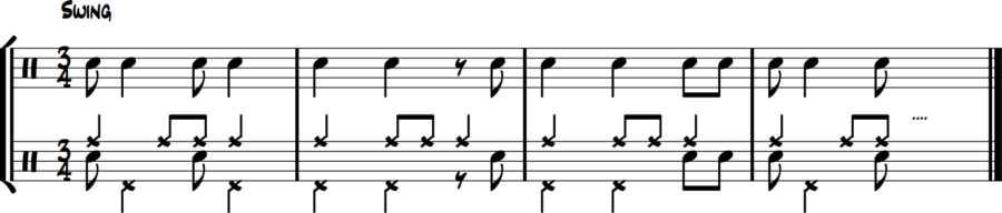  Jazz drum coordination - snare plays short eighth notes, hi-hat plays long notes in 3/4