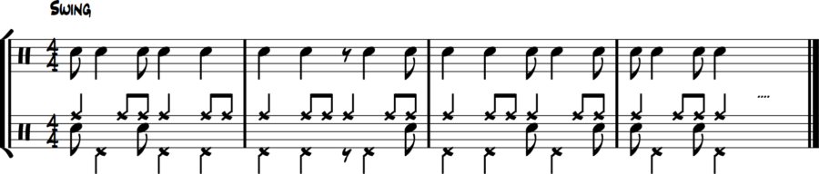 Jazz drumming exercise: snare drum short eighth notes, hi-hat long notes longer than eighths, ride cymbal steady jazz time, optional bass on quarters.