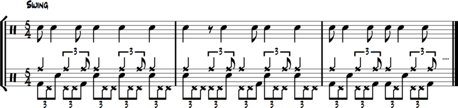 5/4 hi-hat triplets fill, bass short notes, snare long notes