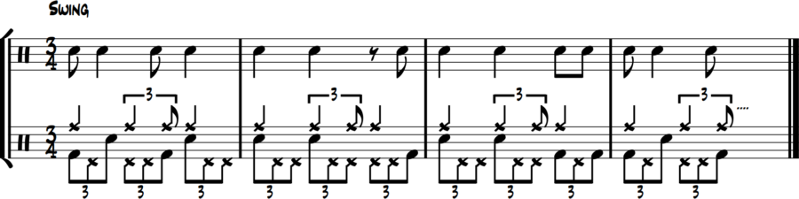 Reversed 3/4 triplet exercise - bass short, snare long, hi-hat triplets