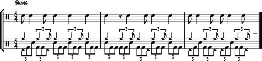 5/4 bass triplet fill, hi-hat short notes, snare long values