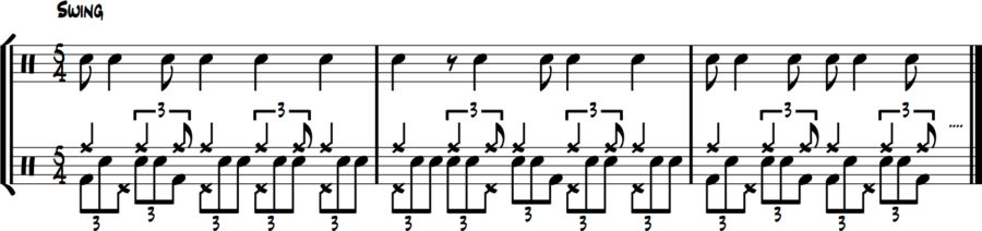 5/4 snare triplet fills, bass short notes, hi-hat long notes