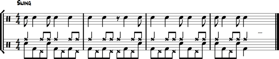 Jazz exercise: hi-hat 8th notes fill, snare short eights, bass long notes, ride jazz time.