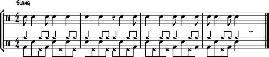 Reverse: hi-hat 8ths, bass short eights, snare long notes, ride solid time.