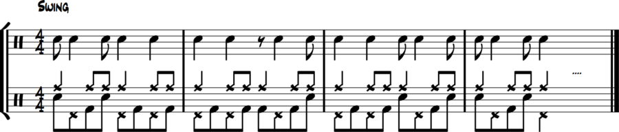 Bass fills 8ths, snare short eights, hi-hat long notes, ride jazz time.