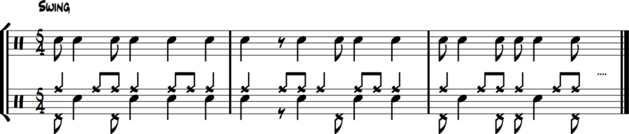 5/4 reversed: hi-hat plays eighths, snare plays longer notes over jazz ride