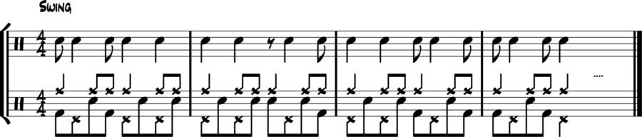 Snare fills 8ths, bass short eights, hi-hat long notes, ride steady.