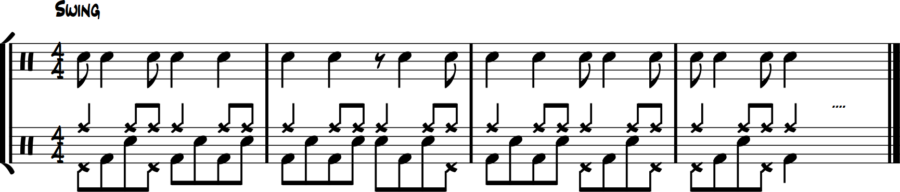 Reverse: snare 8ths, hi-hat shorts, bass longs, ride time.