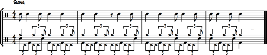 Hi-hat triplet fills, snare short eights, bass long notes, ride jazz time.