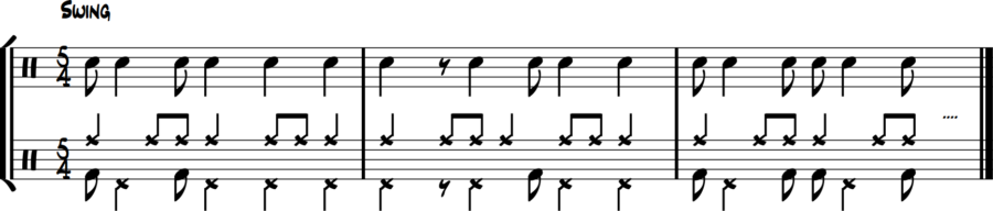5/4 bass drum eighths converse with hi-hat longer notes, ride cymbal steady