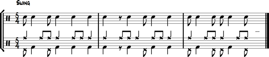 5/4 reverse pedal exercise: hi-hat eighths, bass drum longer values