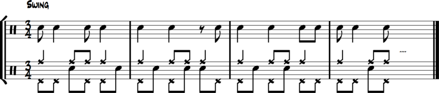 Hi-hat plays melody, snare fills eighth notes - inverted phrasing 3/4 jazz