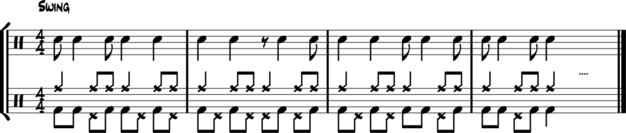 Bass drum syncopated melody line, hi-hat eighth-note fills, ride steady, snare rim-clicks 2 & 4.