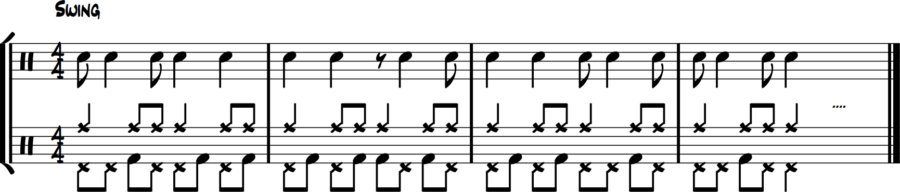 Hi-hat syncopated melody, bass fills eighth spaces, ride swing time, snare clicks 2 & 4.