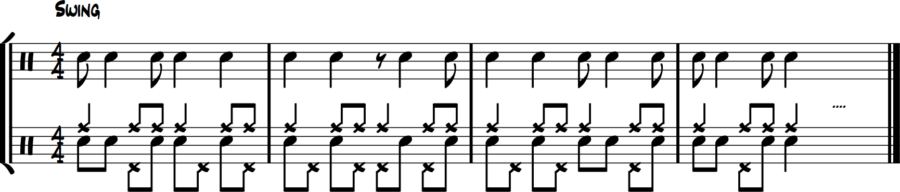 Snare drum plays full syncopated melody, hi-hat fills eighth-note spaces, ride cymbal steady, optional bass quarters.