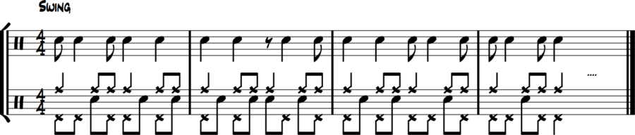 Hi-hat full syncopated melody, snare fills eighth spaces, ride 4/4 swing time, bass feather optional.