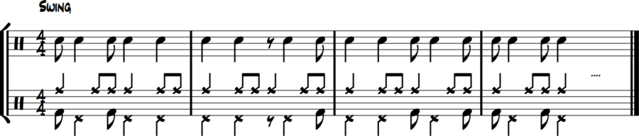 Jazz drum comping: bass drum short eighths, hi-hat long notes, ride steady time, snare rim-clicks on 2 & 4.