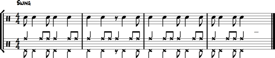 Jazz syncopation exercise 1: hi-hat left foot plays full melody line, ride cymbal keeps standard jazz time, optional bass feather and snare rim-clicks.