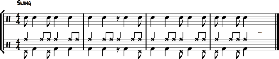 Jazz exercise reverse: hi-hat short eighths, bass long notes, ride time, snare clicks on 2 & 4.