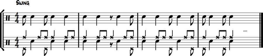 Reverse jazz exercise: hi-hat short eighth notes, snare long notes, ride jazz time, bass feather on quarters.