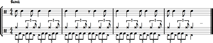 Hi-hat syncopated melody, bass triplet fills, ride swing, snare clicks 2/4.
