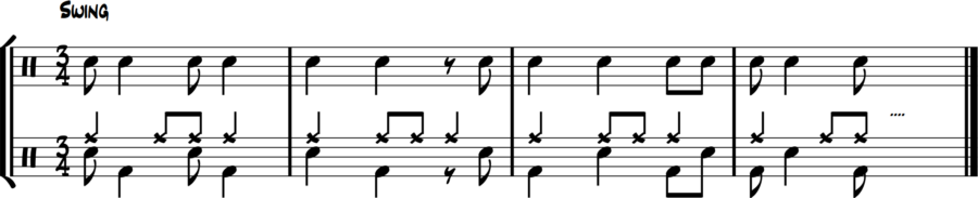 : Alternating snare/bass drum syncopation in 3/4—ride cymbal time, hi-hat on 2, smooth limb transitions for call-and-response phrasing.