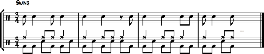 : Bass drum syncopated melody, snare fills eighth-note gaps in 3/4 jazz time—flowing texture foundation.