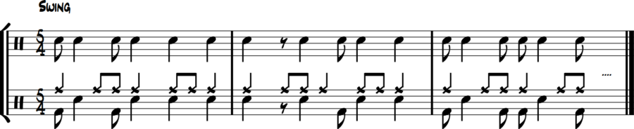 Notation showing reversed split: long notes on snare, 8ths on bass drum